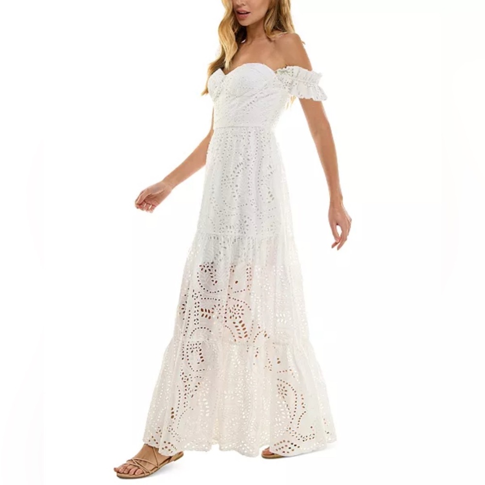 City Studio Juniors' Off-The-Shoulder Eyelet White Maxi Cotton Dress - Picture 3 of 10